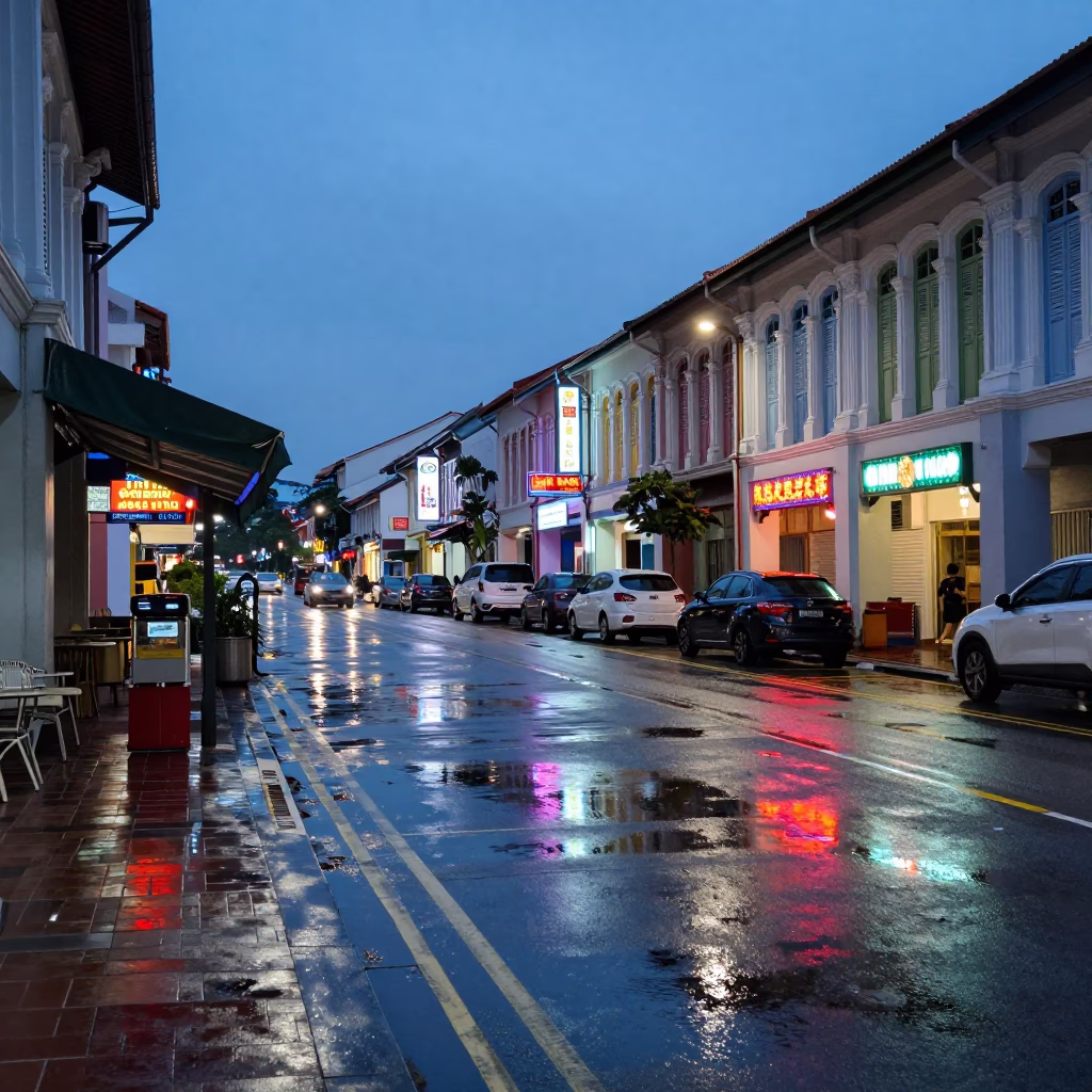 Pre-dawn Singapore street scene with wet pavement reflections and urban stillness before dawn in in Singapore, Singapore