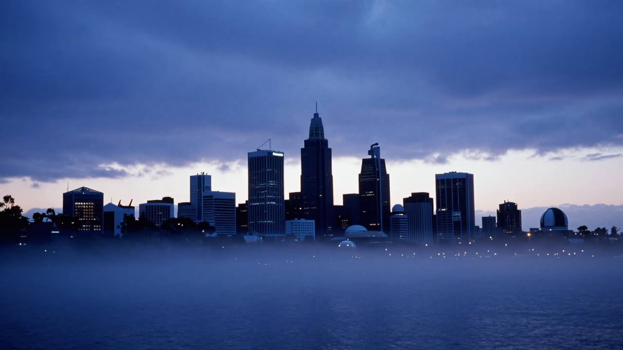 Pre-Dawn Skyline in Perth at Sunrise Light in in Perth, Western Australia, Australia