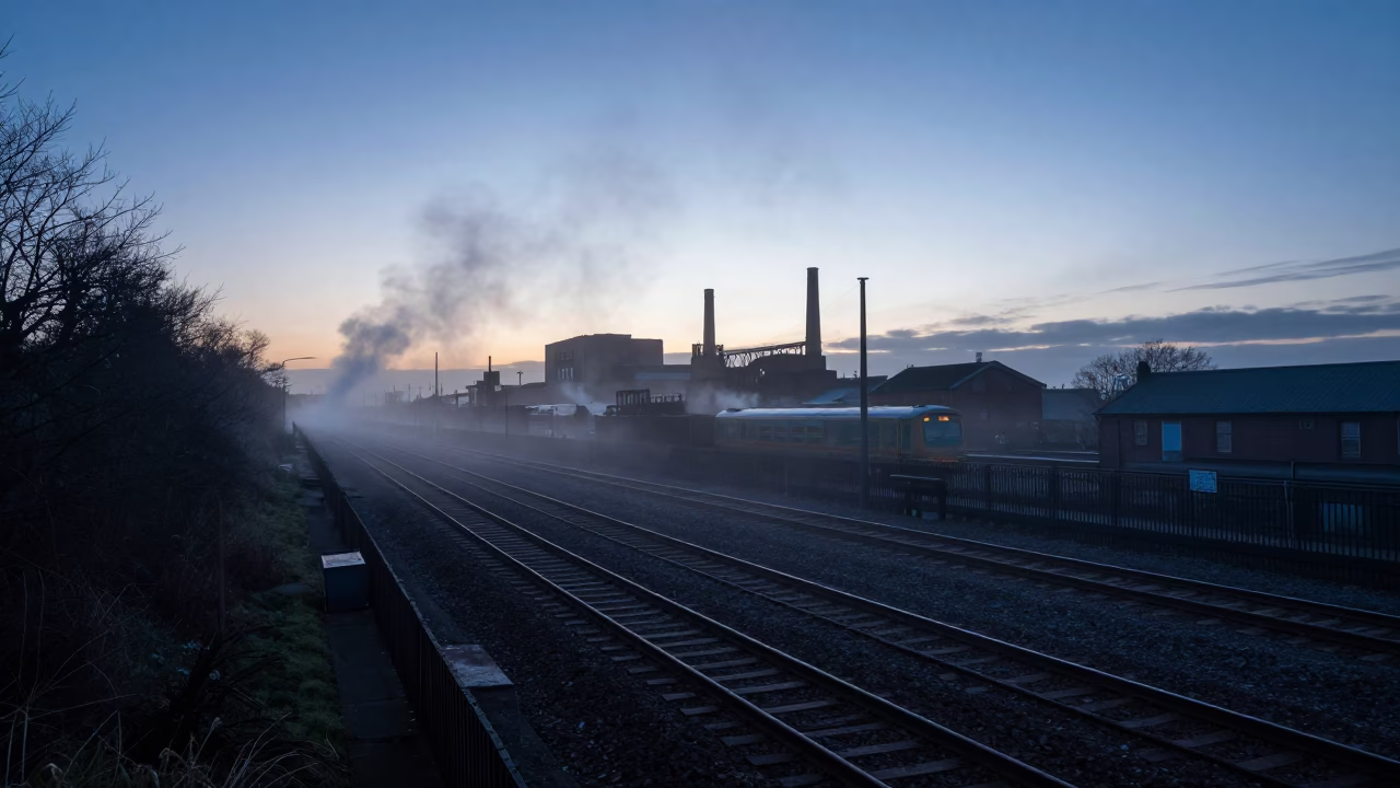 Pre-dawn steam rising over Liverpool rail tracks near the waterfront in in Liverpool, United Kingdom