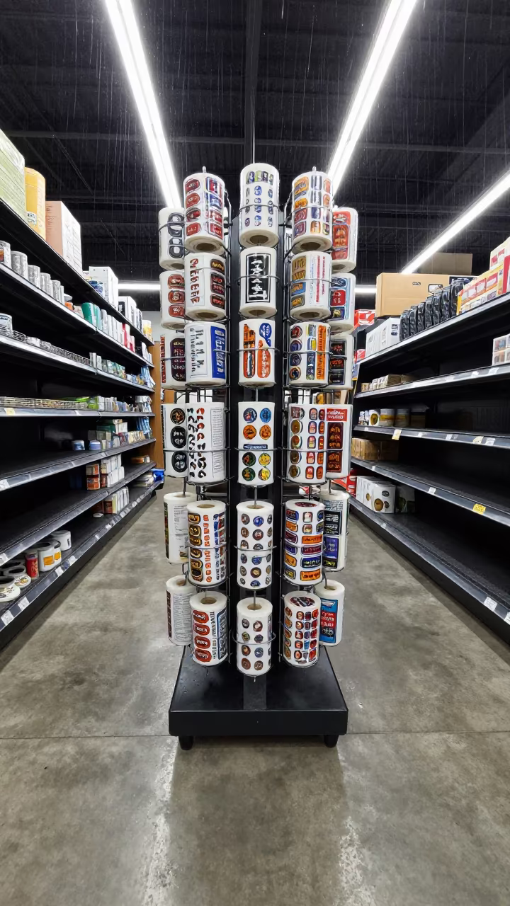 Pre-Dawn Sticker Roll Caddy in Kampala Aisle in inside a bright retail aisle in Kampala