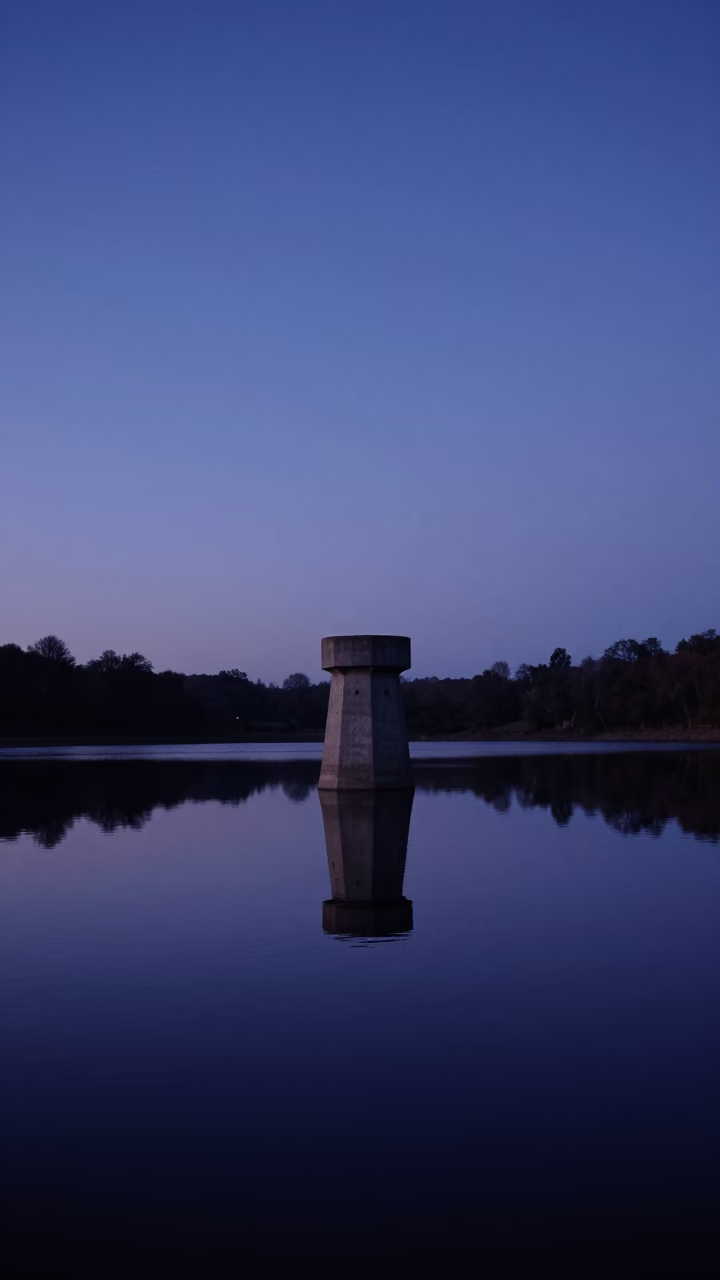 Pre-dawn Stillness at Bristol Reservoir with Intake Tower Reflection in in Bristol, United Kingdom
