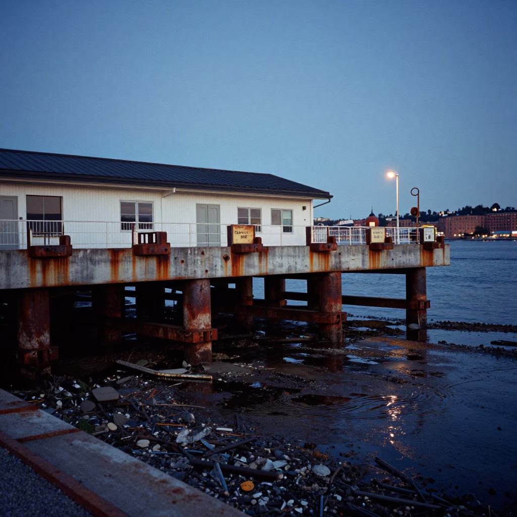 Pre-dawn Stockholm Ferry Terminal Rust and Grease Sheen at Low Tide in in Stockholm, Sweden