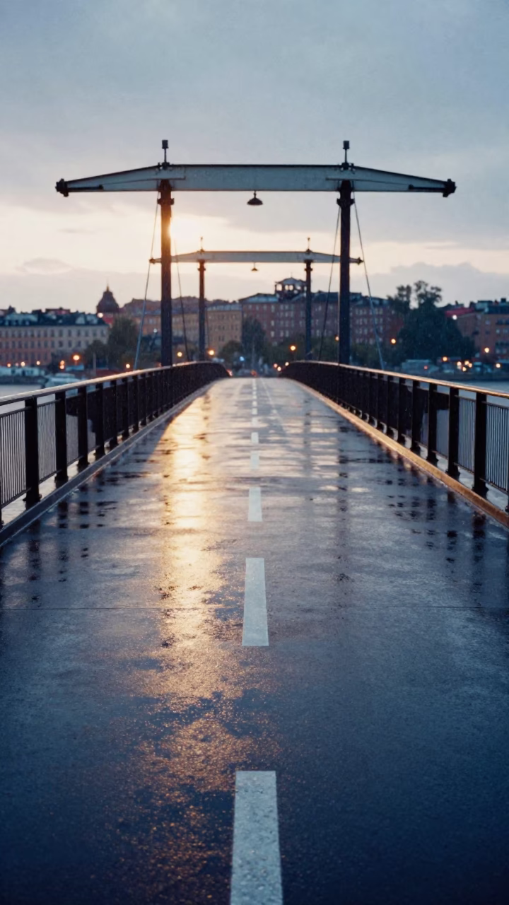 Pre-dawn Stockholm Harbor Drawbridge Deck Markings Shining Under Drizzle Before Sunrise in in Stockholm, Sweden