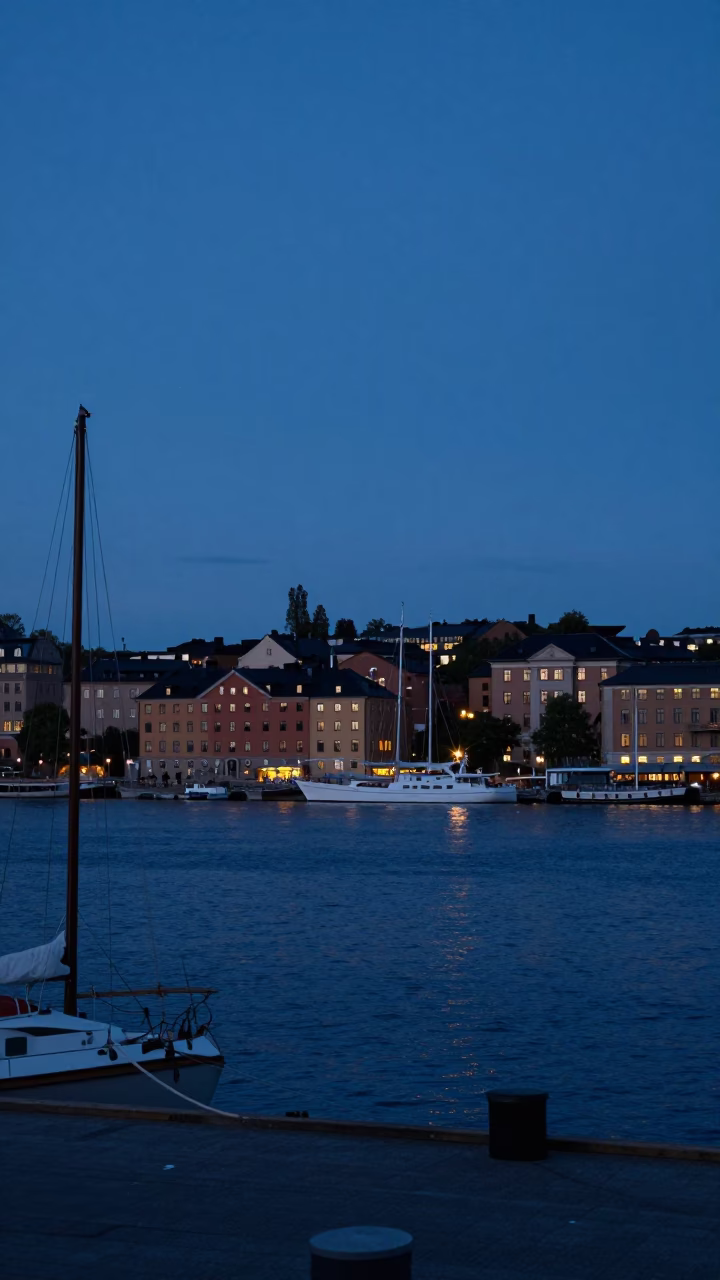 Pre-dawn Stockholm Harbor View with Boats and City Lights Before Sunrise in in Stockholm, Sweden