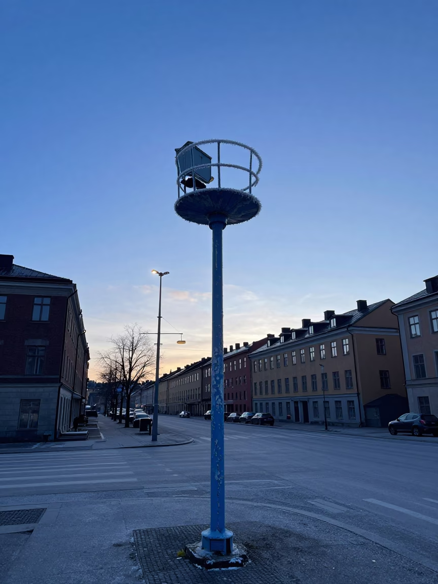 Pre-dawn Stockholm street scene with chipped blue enamel and icy urban details in in Stockholm, Sweden