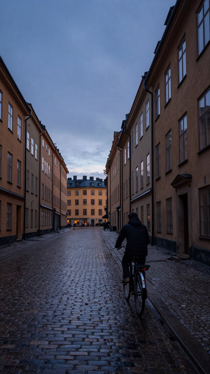 Pre-dawn Stockholm Street Scene with Vintage Bicycle and Wet Cobblestones in in Stockholm, Sweden