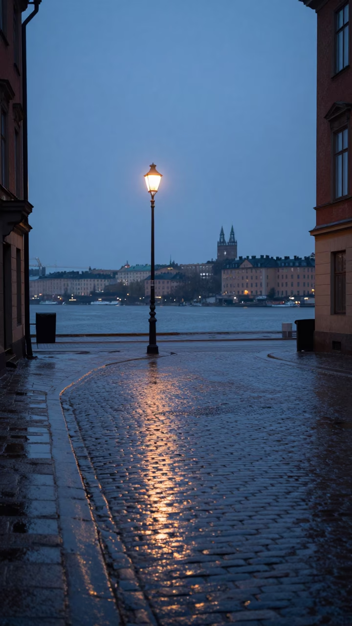 Pre-dawn Stockholm street scene with wet cobblestones and early morning light in in Stockholm, Sweden