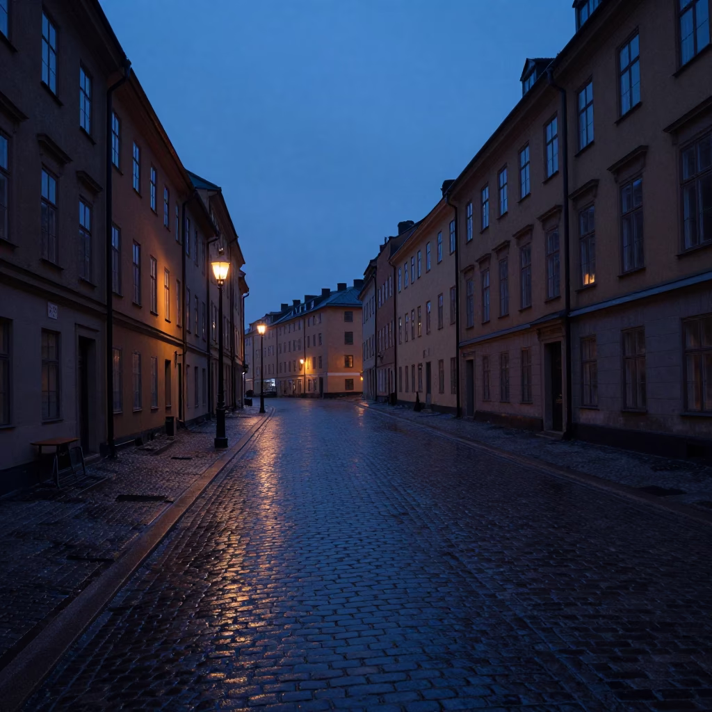 Pre-dawn Stockholm street scene with wet cobblestones and vintage 1950s urban details in in Stockholm, Sweden