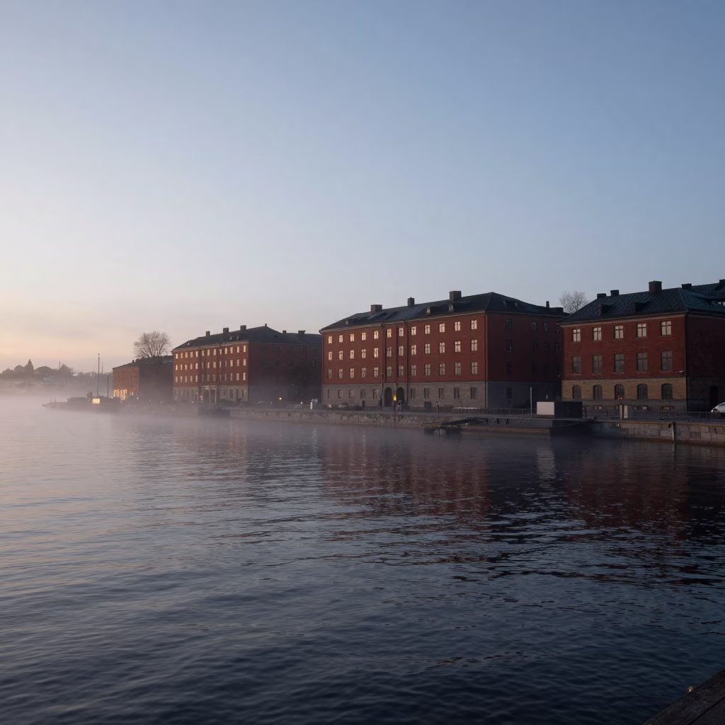 Pre-dawn Stockholm waterfront scene with foggy Baltic Sea and historic architecture in in Stockholm, Sweden