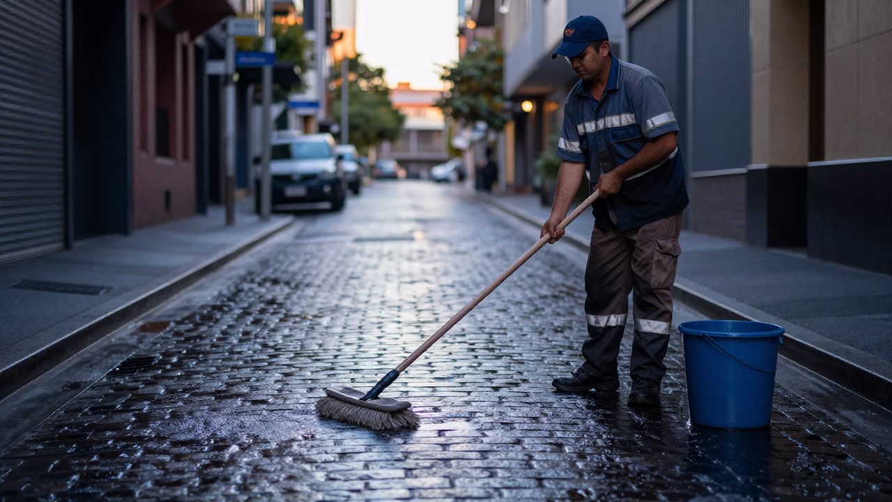 Pre-dawn street cleaner with mop and bucket near Melbourne laneway in in Melbourne, Victoria, Australia
