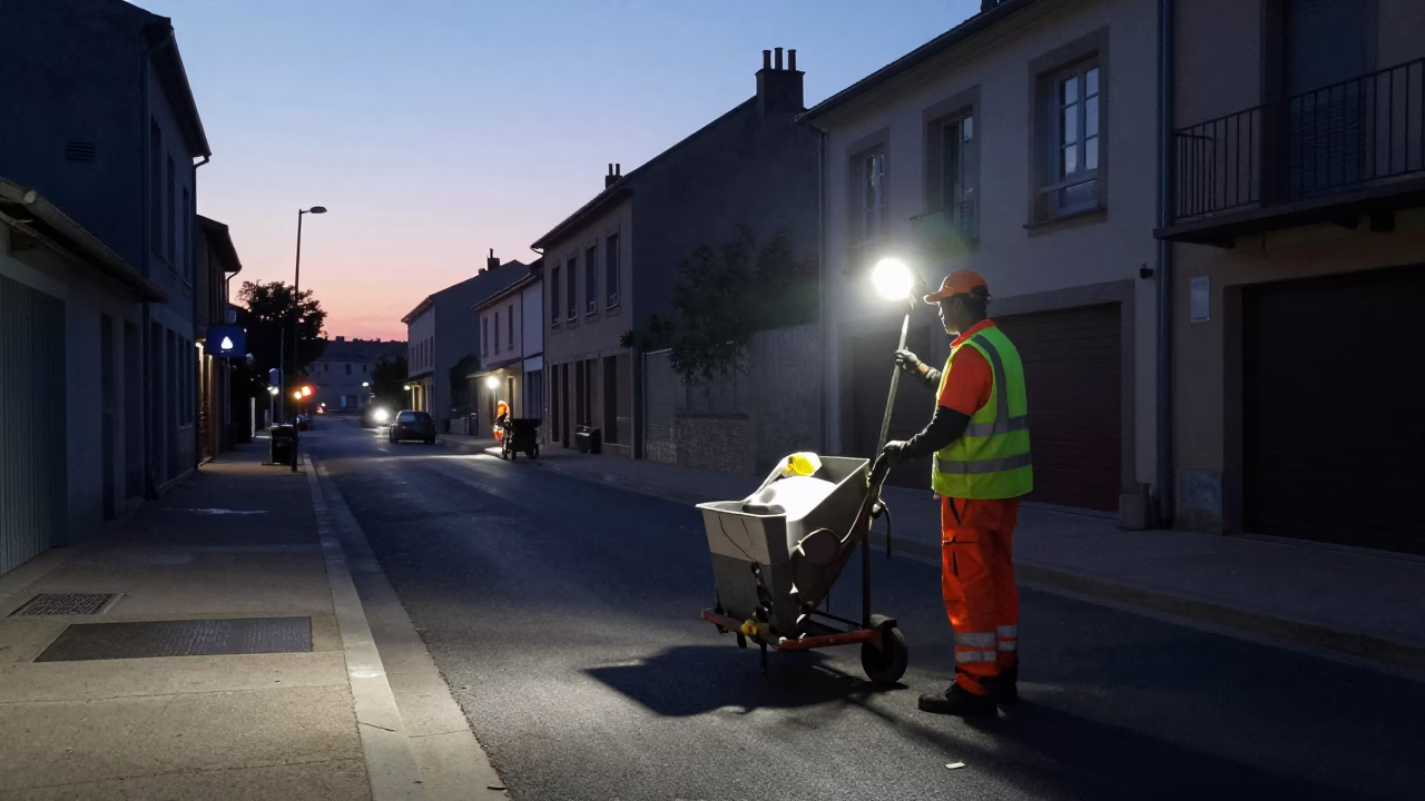 Pre-dawn street cleaning crew in Nice France preparing tools before sunrise in in Nice, France