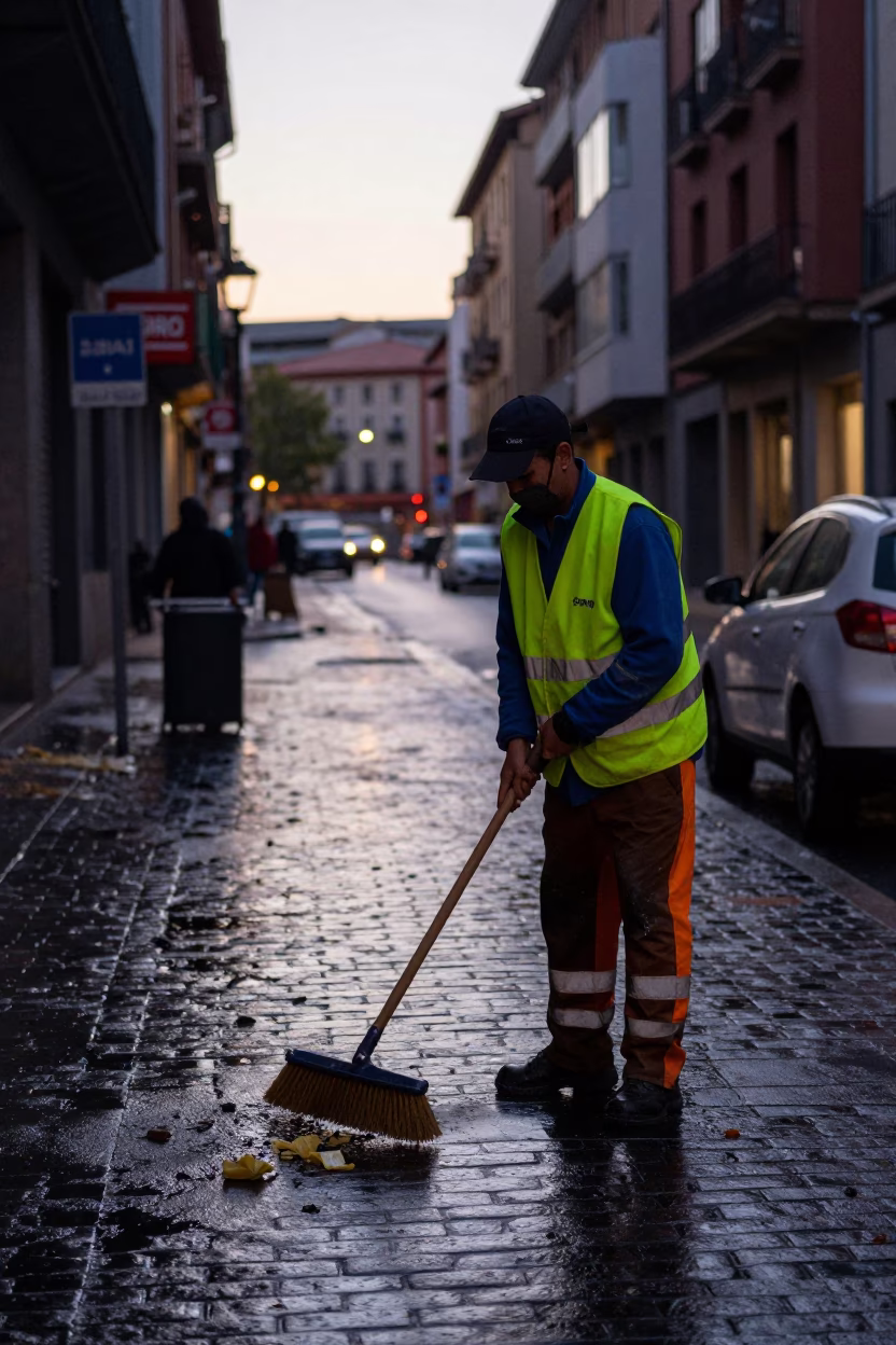 Pre-dawn street cleaning in Bilbao with wet pavement and discarded items in in Bilbao, Spain