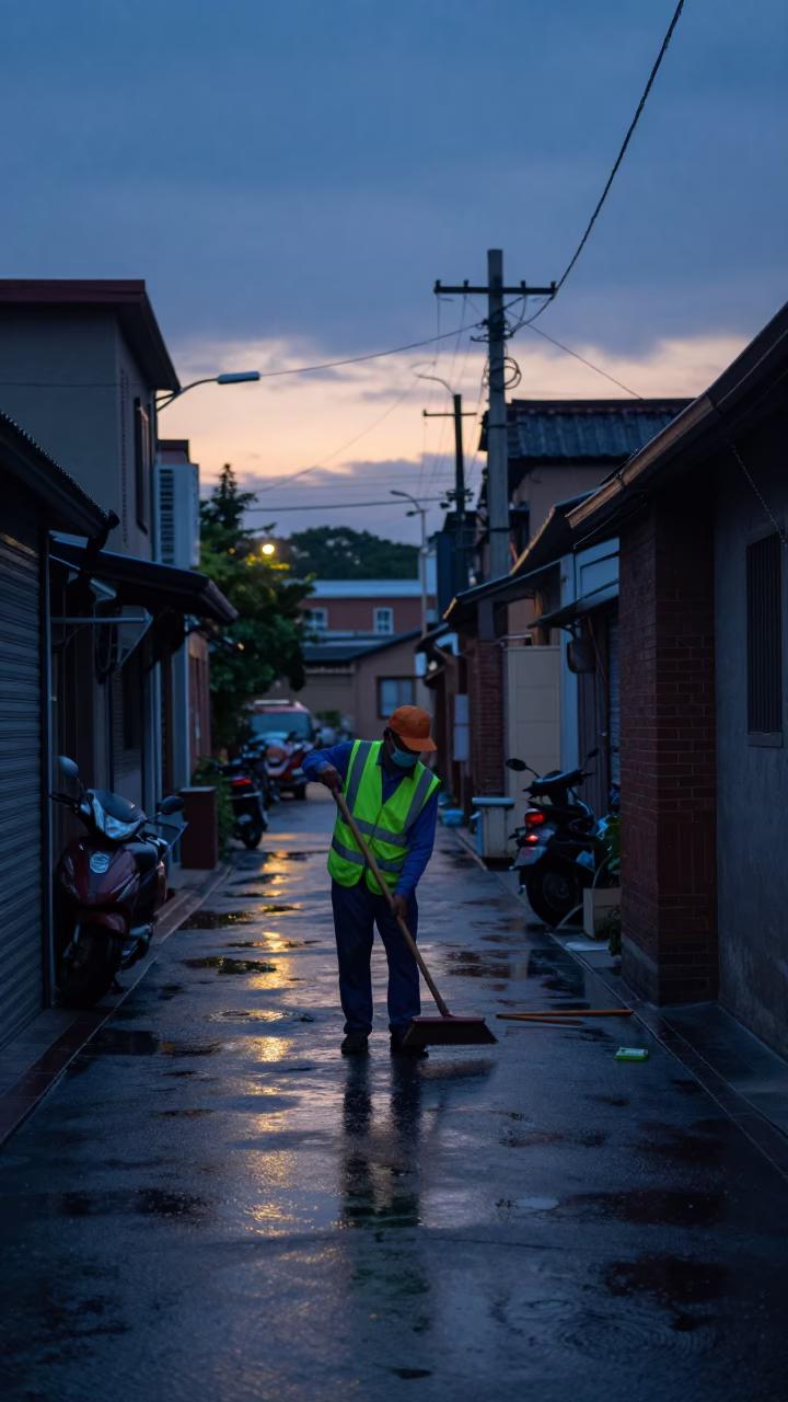 Pre-dawn street cleaning in Tainan Taiwan with wet pavement reflections and traditional architecture in in Tainan, Taiwan
