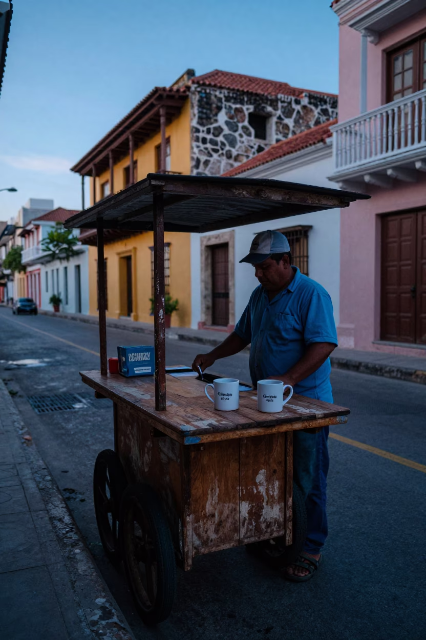 Pre-dawn street corner in Cartagena Colombia with coffee mugs and weathered architecture in in Cartagena, Colombia