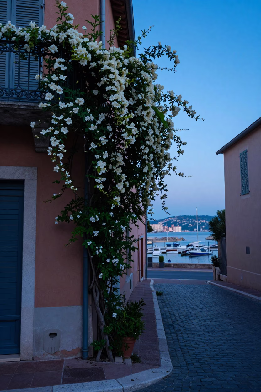 Pre-dawn street corner in Nice France with climbing jasmine and local morning routine in in Nice, France