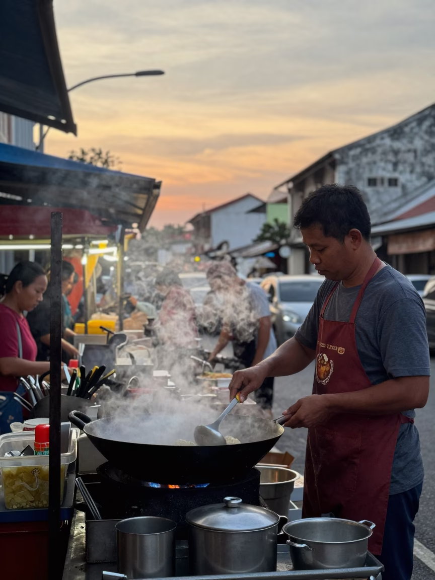 Pre-Dawn Street Food Stall Activity in George Town Malaysia with Cooking Utensils in in George Town, Malaysia