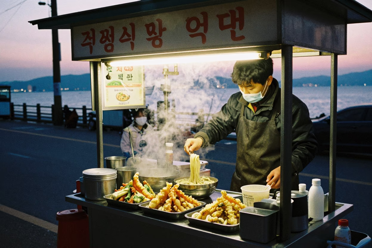 Pre-dawn street food stall in Busan serving udon with tempura flakes in in Busan, South Korea
