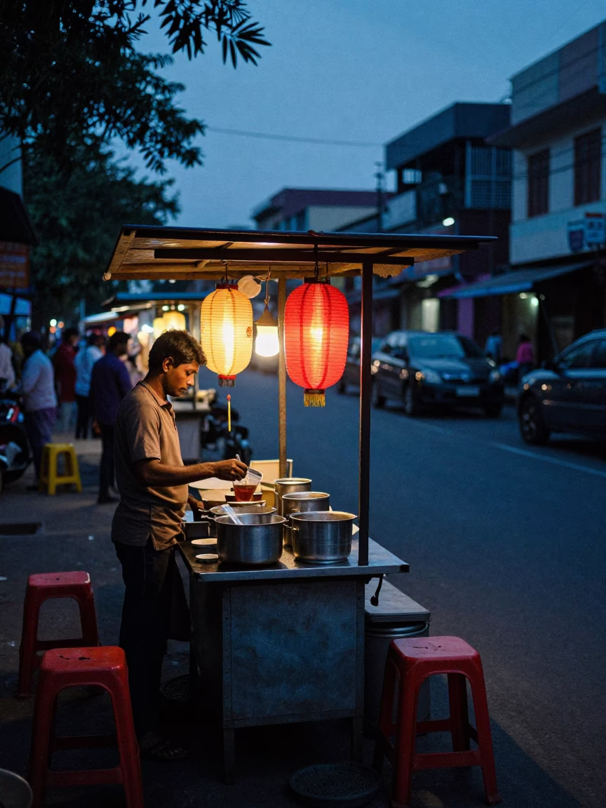 Pre-Dawn Street Food Stall in Chennai India with Paper Lanterns and Morning Routine in in Chennai, India