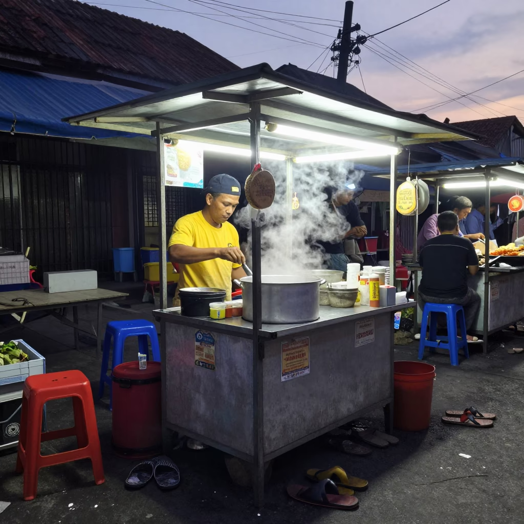 Pre-dawn street food stall in Denpasar Indonesia with slippers and storage tin in in Denpasar, Indonesia