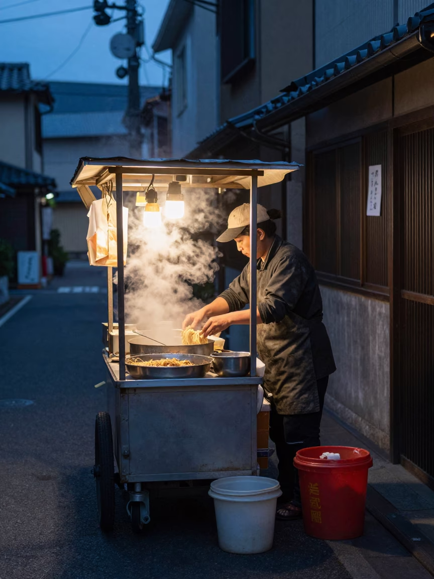 Pre-dawn street food stall in Fukuoka Japan with vendor preparing noodles in in Fukuoka, Japan