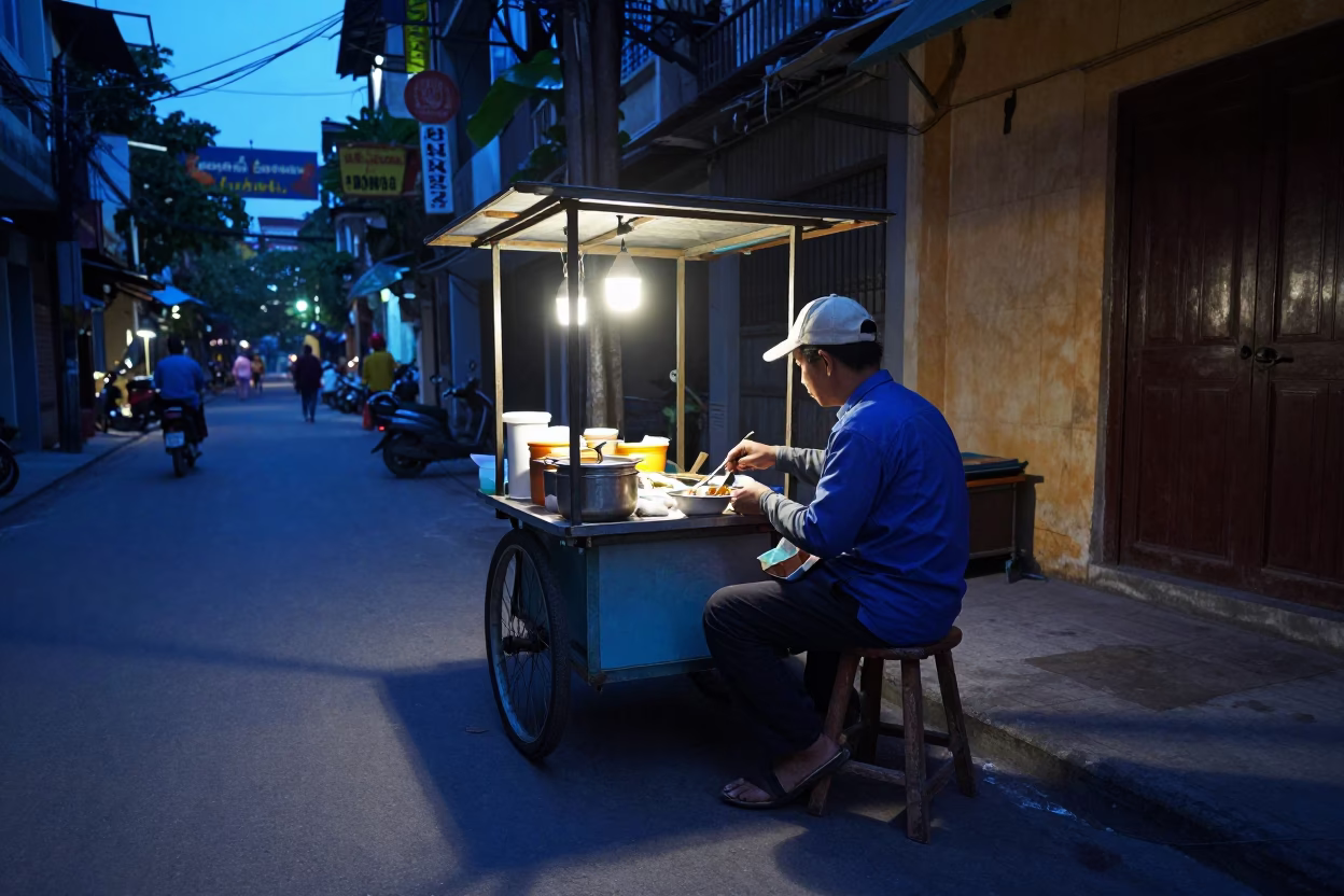 Pre-dawn street food stall in Hanoi Vietnam with wooden stool and ceramic bowl in in Hanoi, Vietnam