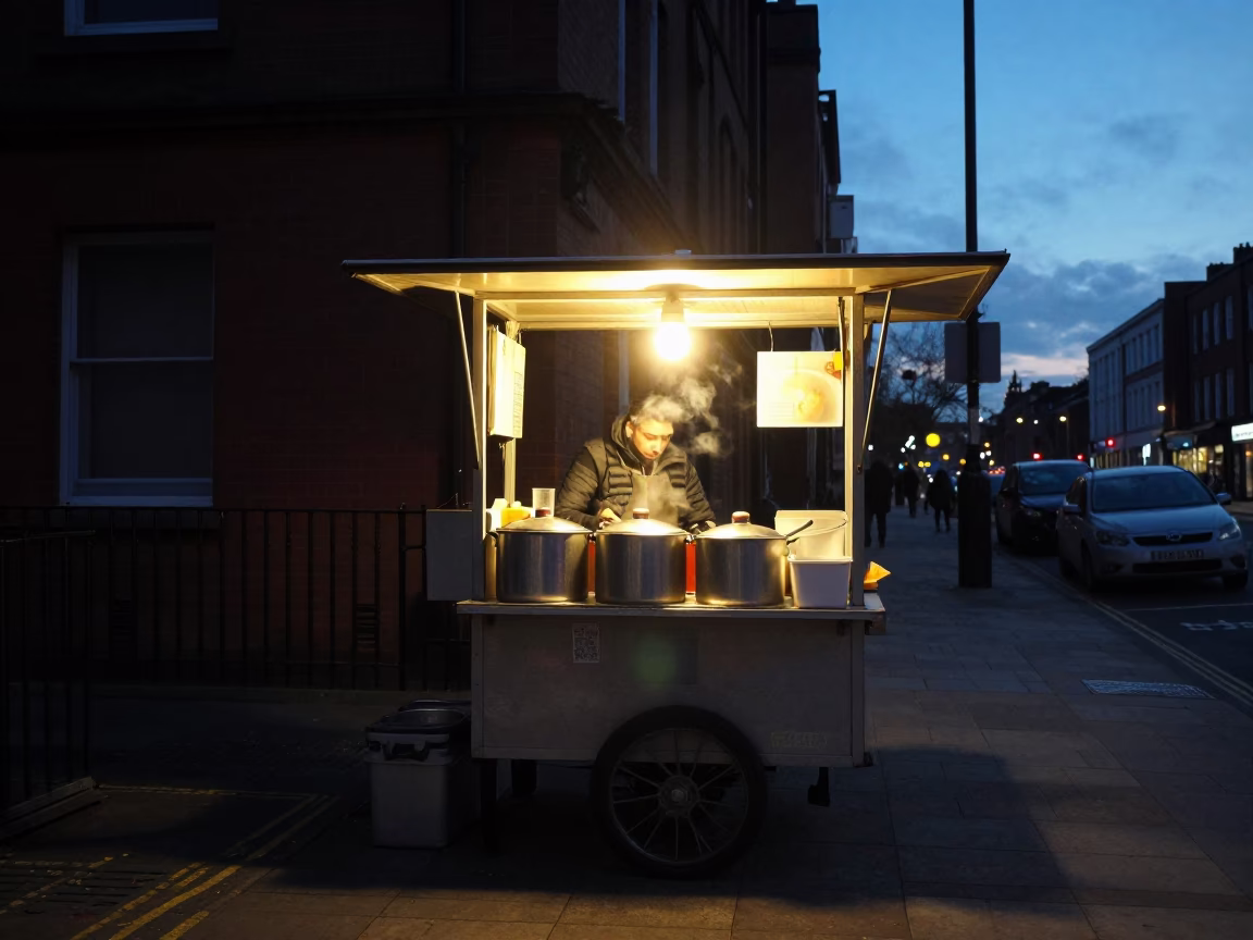 Pre-dawn street food stall in Liverpool serving tea and saucepans in in Liverpool, United Kingdom