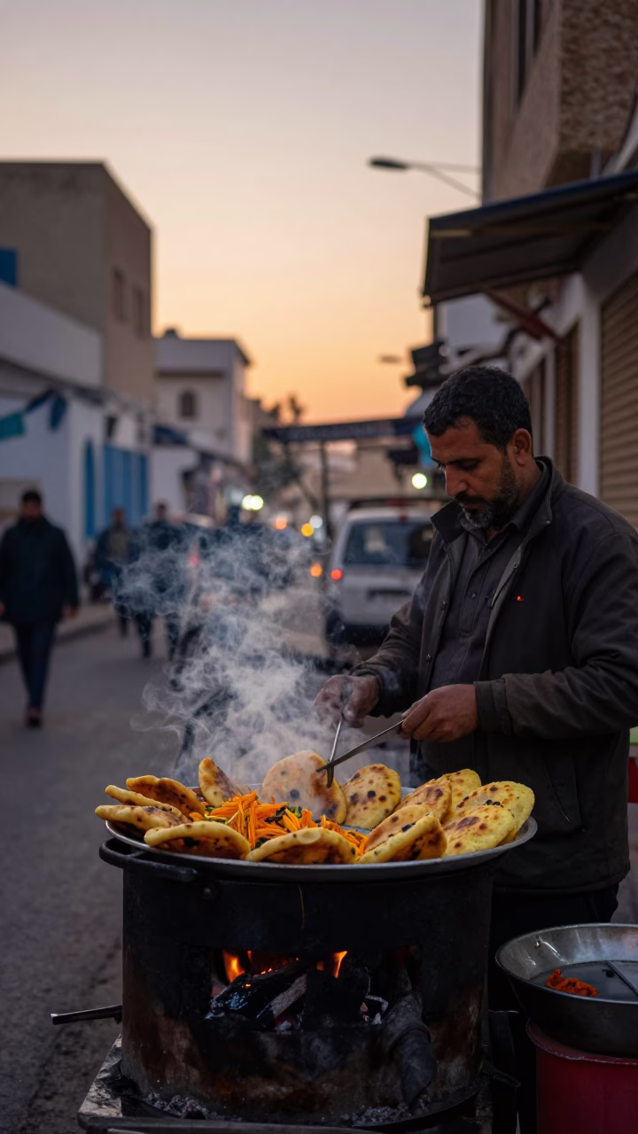 Pre-Dawn Street Food Stall in Tunis Tunisia with Aloo Tikki and Chutneys in in Tunis, Tunisia