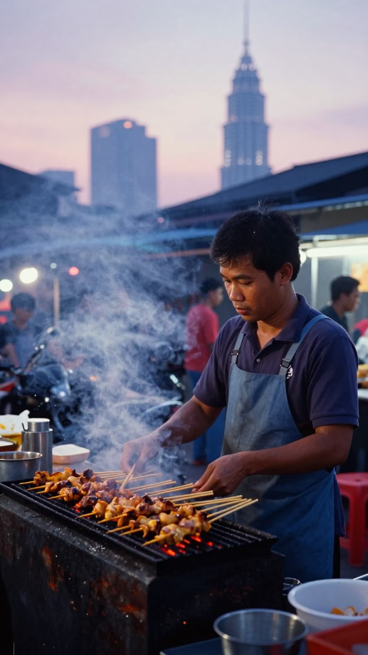 Pre-dawn street food vendor grilling satay in Kuala Lumpur before sunrise in in Kuala Lumpur, Malaysia