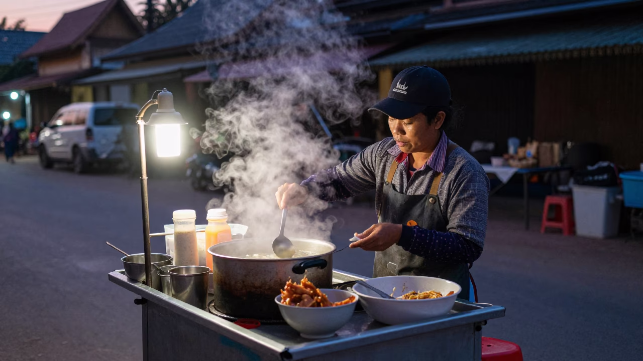 Pre-dawn street food vendor in Chiang Mai Thailand preparing breakfast in in Chiang Mai, Thailand