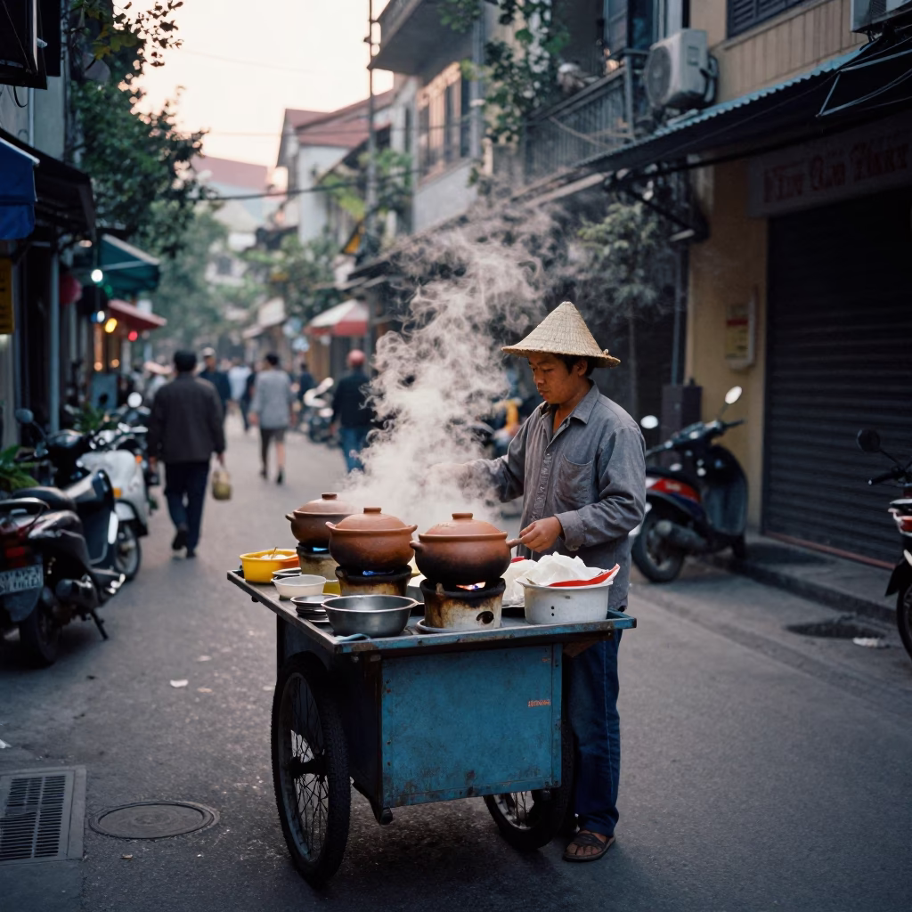 Pre-dawn street food vendor in Hanoi Vietnam with clay pots and plastic stools in in Hanoi, Vietnam