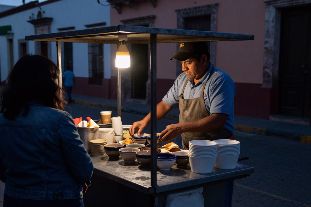Pre-dawn street food vendor in Merida Mexico preparing coffee and breakfast in in Merida, Mexico