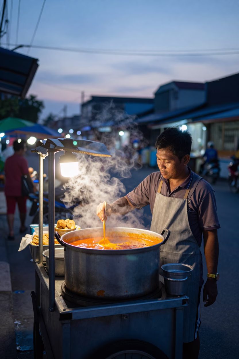 Pre-dawn street food vendor in Phuket Thailand with curry pot and fruit crate in in Phuket, Thailand