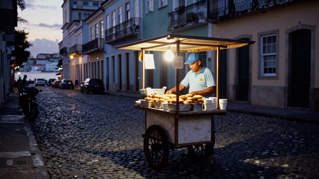 Pre-dawn street food vendor in Salvador Brazil selling coffee and pastries in in Salvador, Brazil