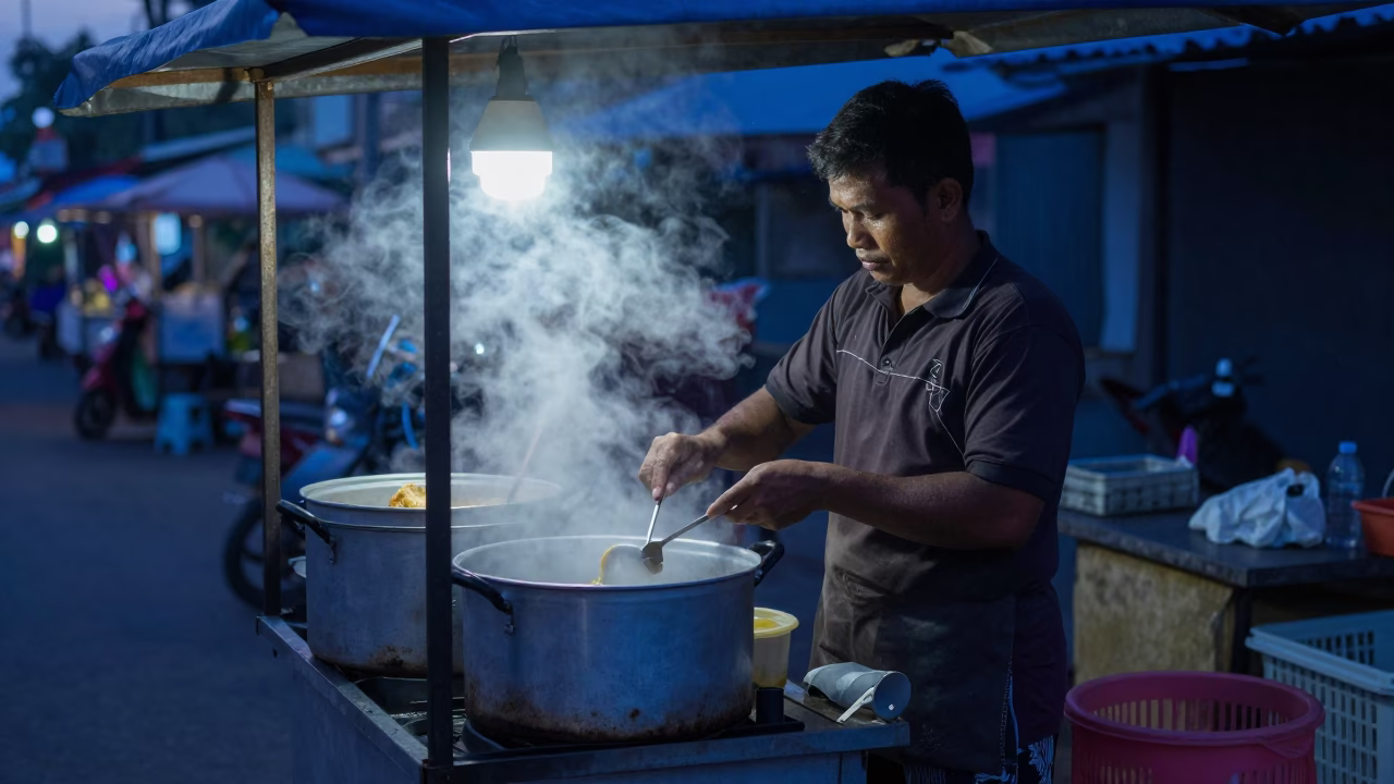 Pre-dawn street food vendor in Surabaya Indonesia preparing breakfast before sunrise in in Surabaya, Indonesia