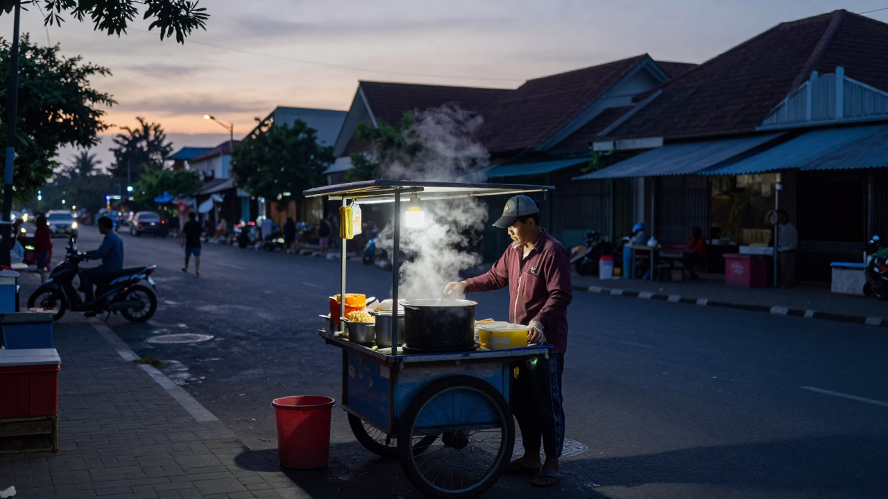 Pre-dawn street food vendor in Yogyakarta Indonesia preparing fresh food before sunrise in in Yogyakarta, Indonesia
