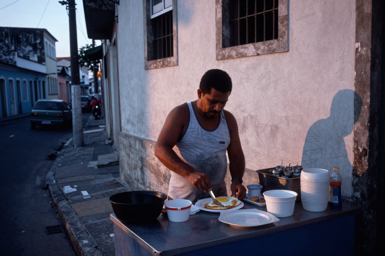 Pre-dawn street food vendor preparing breakfast in Salvador Brazil before sunrise in in Salvador, Brazil