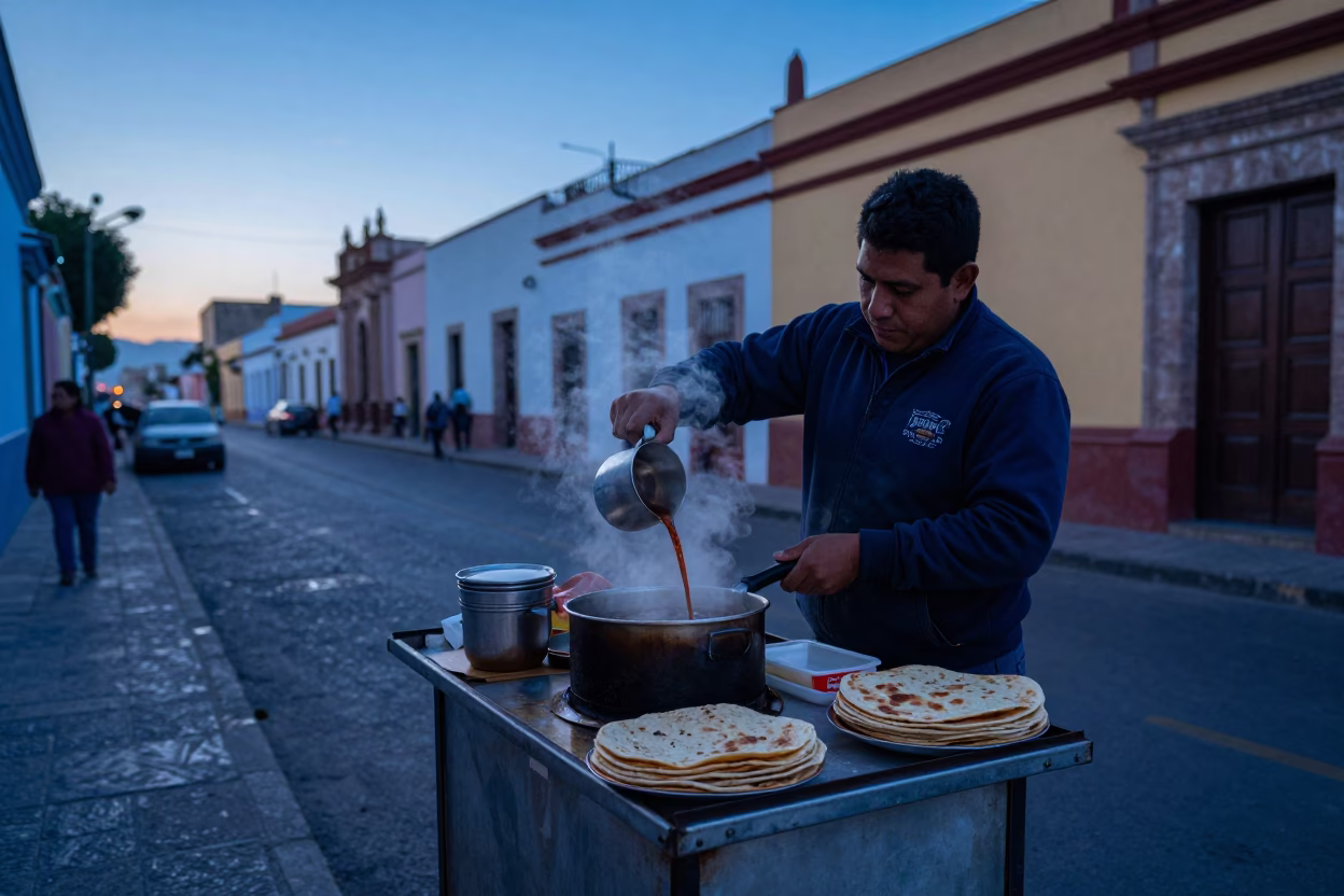 Pre-dawn street food vendor preparing coffee and tortillas in Guadalajara Mexico in in Guadalajara, Mexico