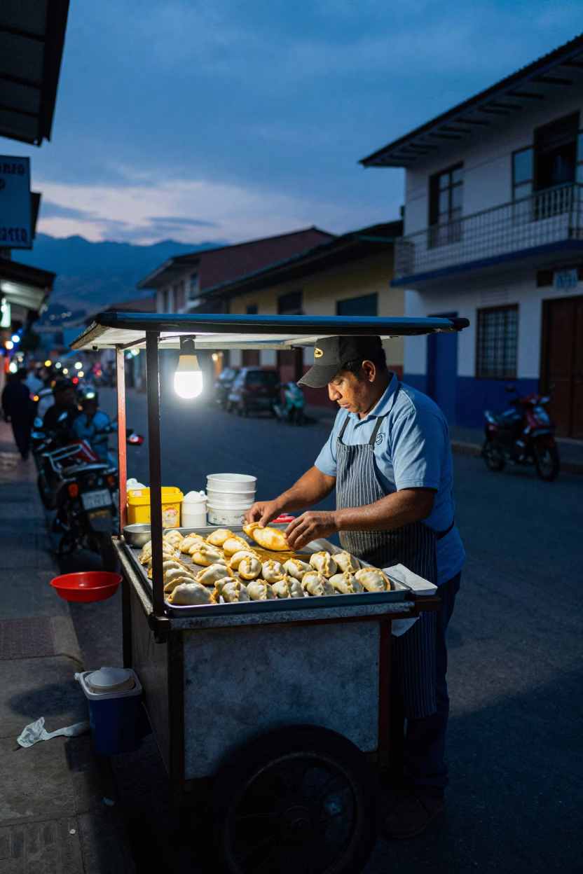 Pre-dawn street food vendor preparing empanadas in bustling Medellin Colombia early morning in in Medellin, Colombia