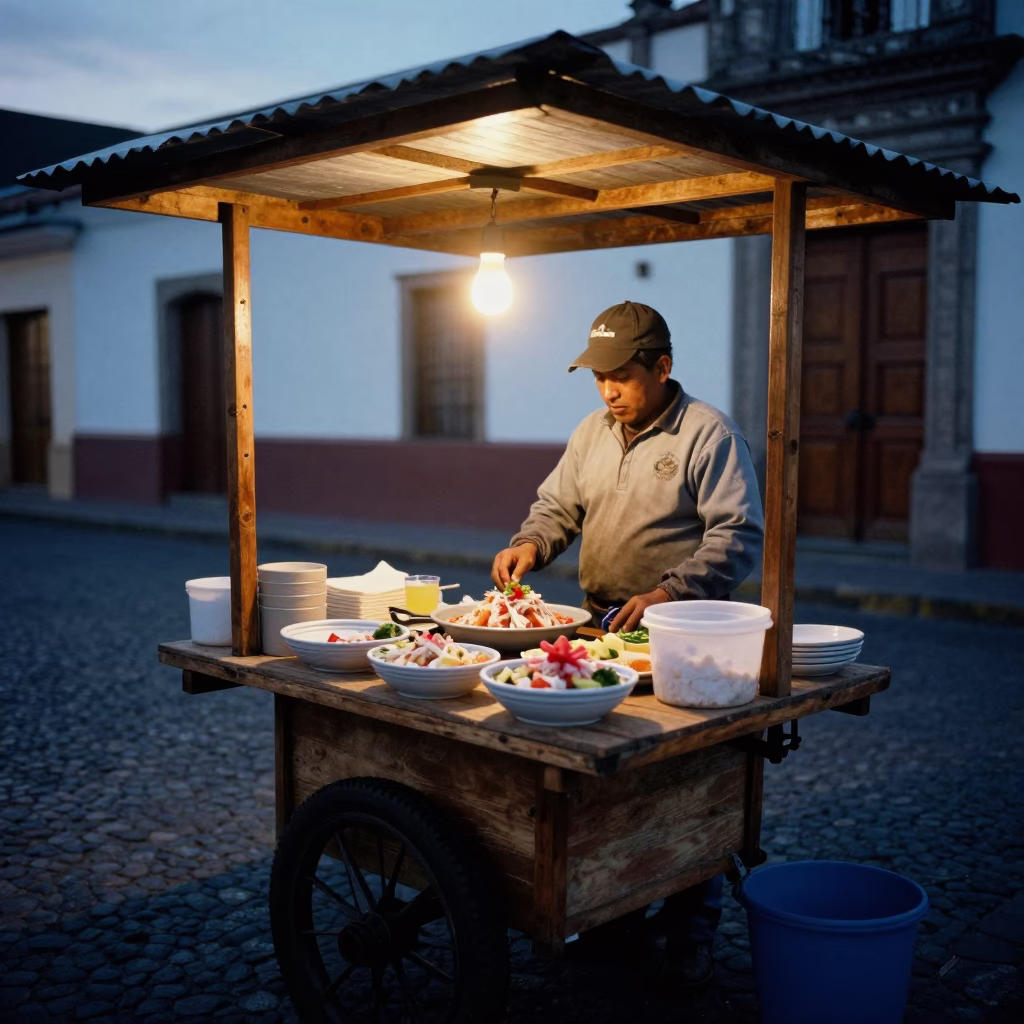Pre-dawn street food vendor preparing fresh ceviche in colonial Quito Ecuador night market in in Quito, Ecuador
