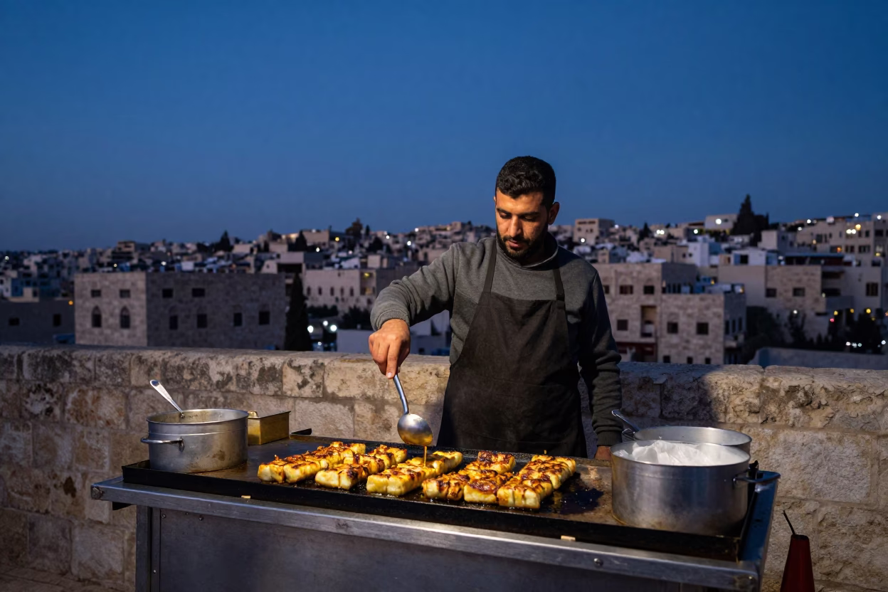 Pre-dawn street food vendor preparing grilled halloumi and mint in Amman Jordan in in Amman, Jordan