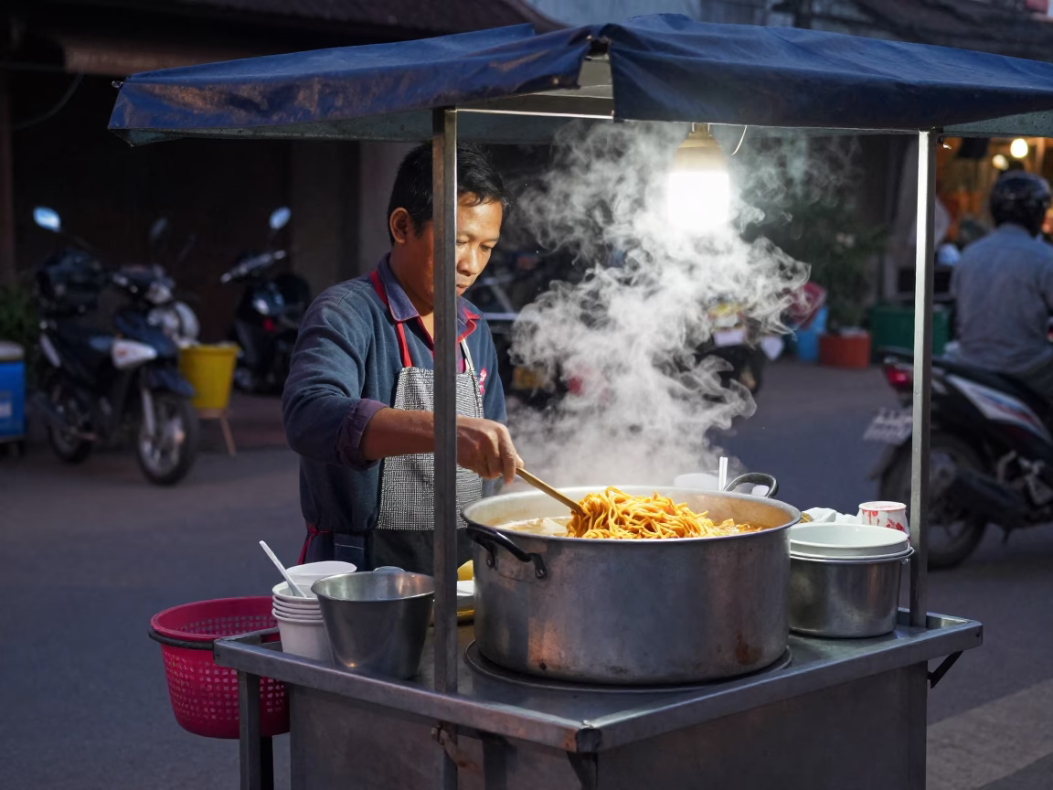Pre-dawn street food vendor preparing khao soi in Chiang Mai Thailand in in Chiang Mai, Thailand