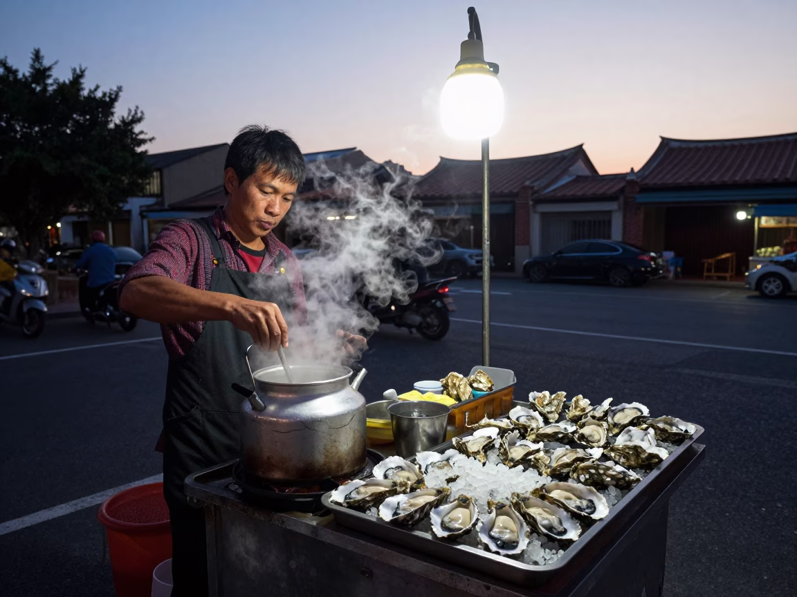 Pre-dawn street food vendor preparing oysters and kettle in Tainan Taiwan in in Tainan, Taiwan