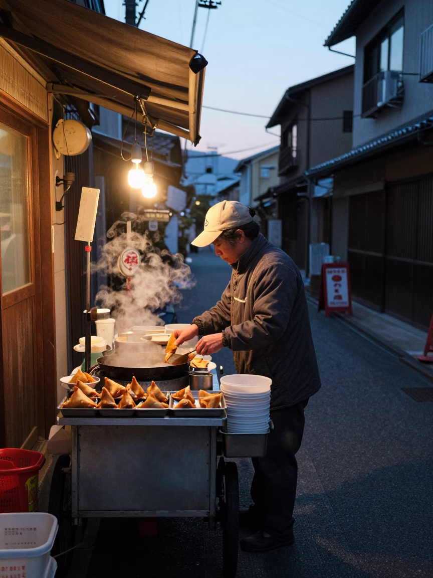 Pre-dawn street food vendor preparing samosas and tea in Fukuoka Japan in in Fukuoka, Japan