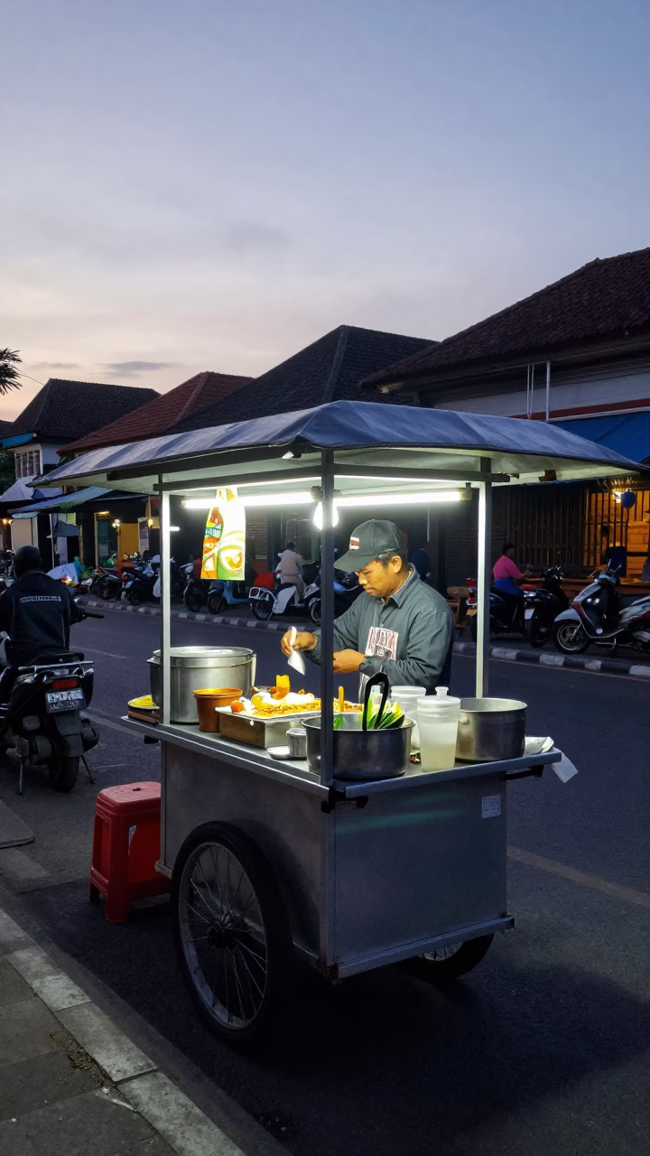 Pre-dawn street food vendor preparing traditional Balinese breakfast in Denpasar Indonesia in in Denpasar, Indonesia