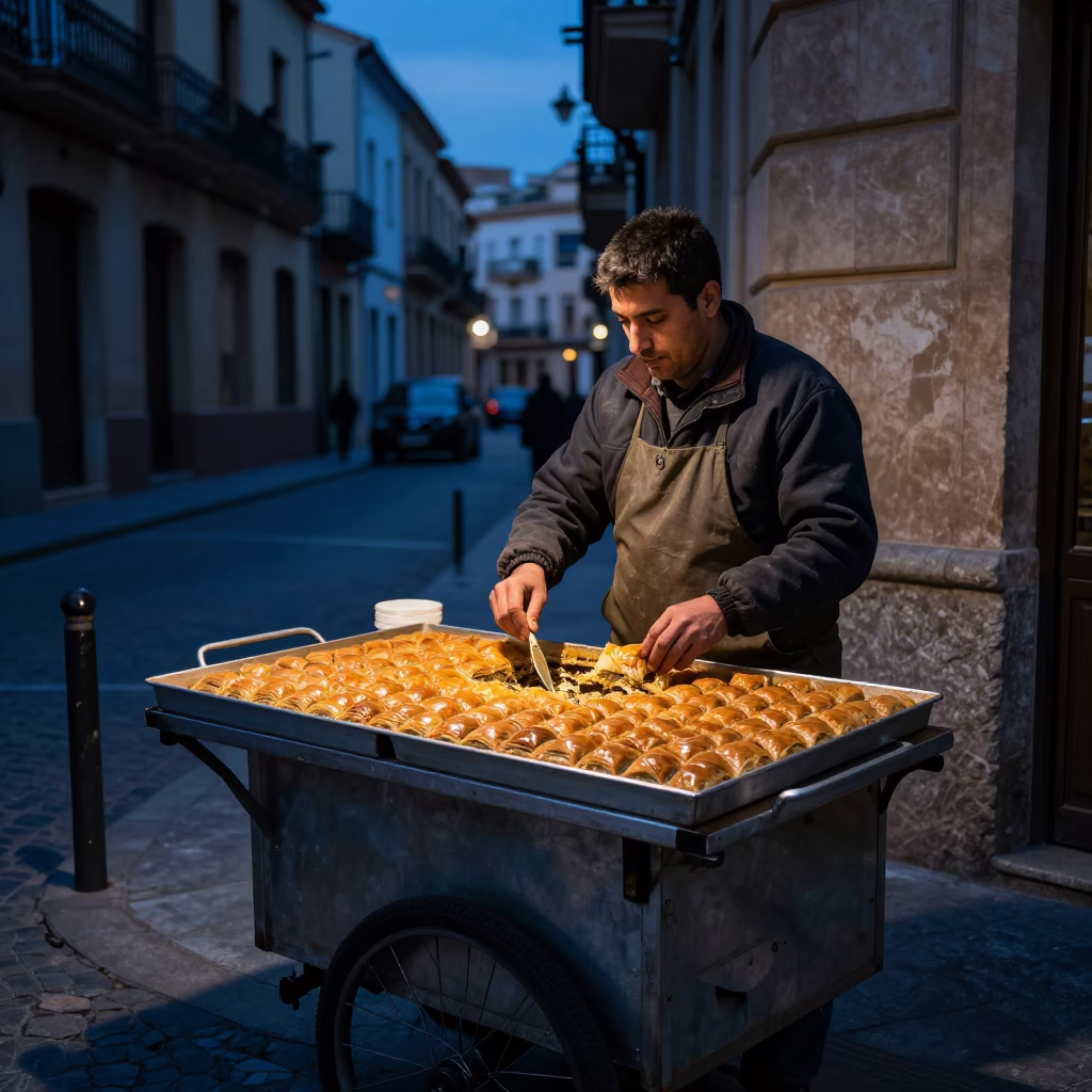 Pre-dawn street food vendor serving baklava in Valencia Spain in in Valencia, Spain
