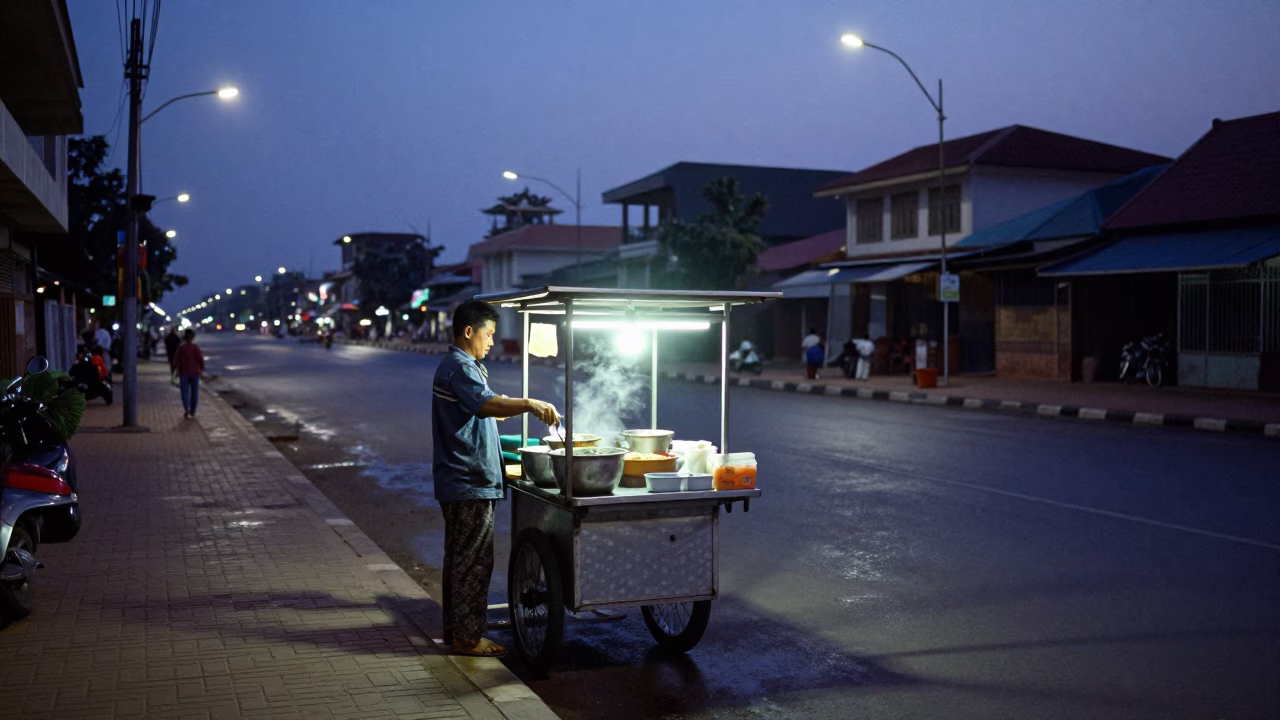 Pre-dawn street food vendor serving hot soup in Phnom Penh Cambodia in in Phnom Penh, Cambodia