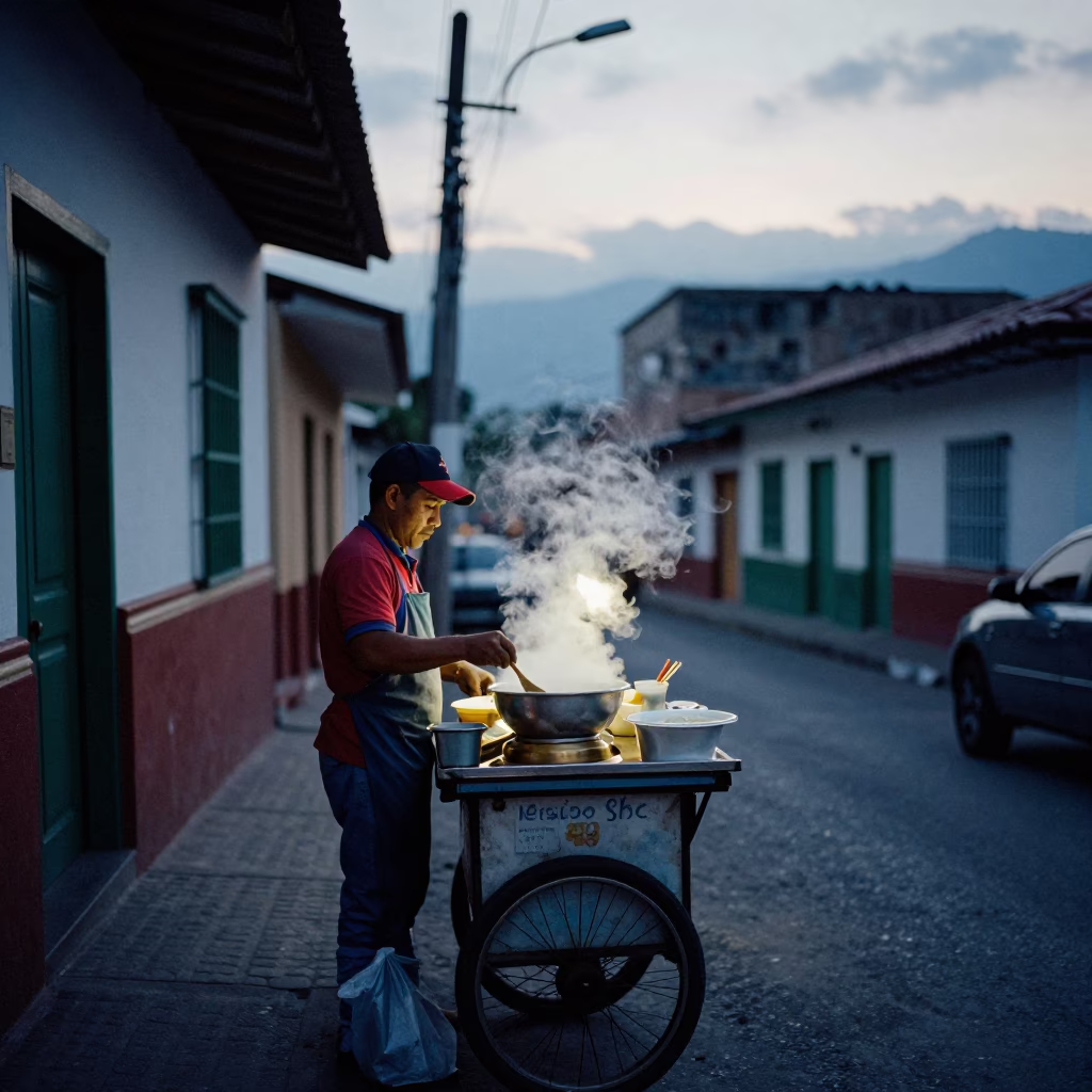 Pre-dawn street food vendor serving steaming pho in Medellin Colombia before sunrise in in Medellin, Colombia