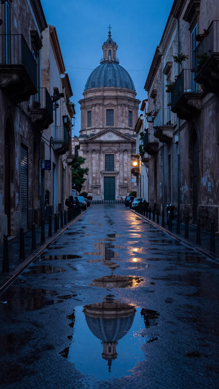 Pre-dawn Street in Palermo at The Still Hours Before Dawn Light in in Palermo, Italy