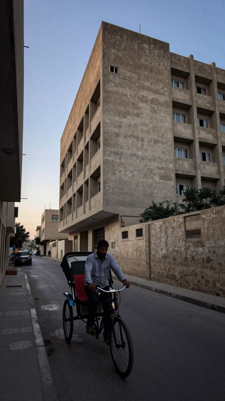 Pre-dawn street life in Alexandria Egypt with rickshaw puller and concrete brutalist architecture in in Alexandria, Egypt