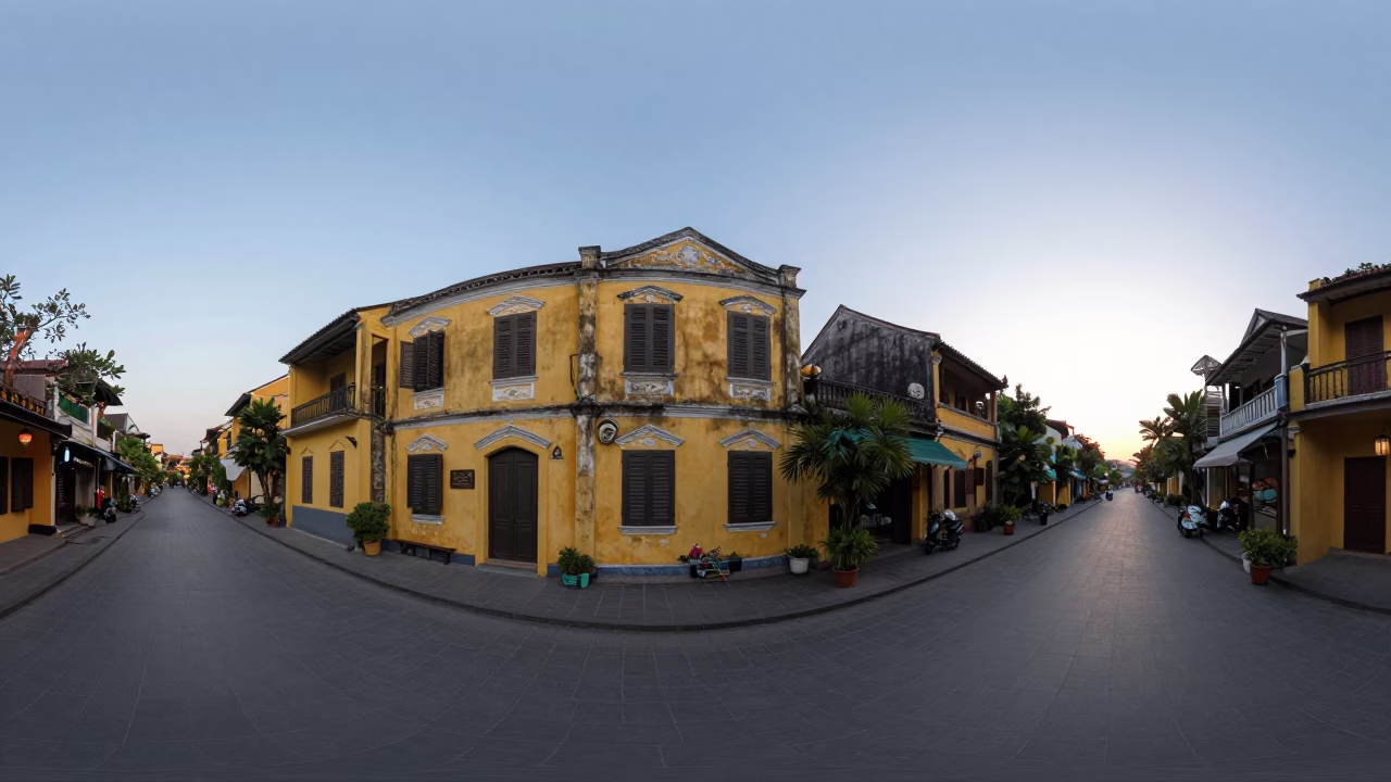 Pre-dawn street life in Hoi An Vietnam with traditional architecture and morning activity in in Hoi An, Vietnam